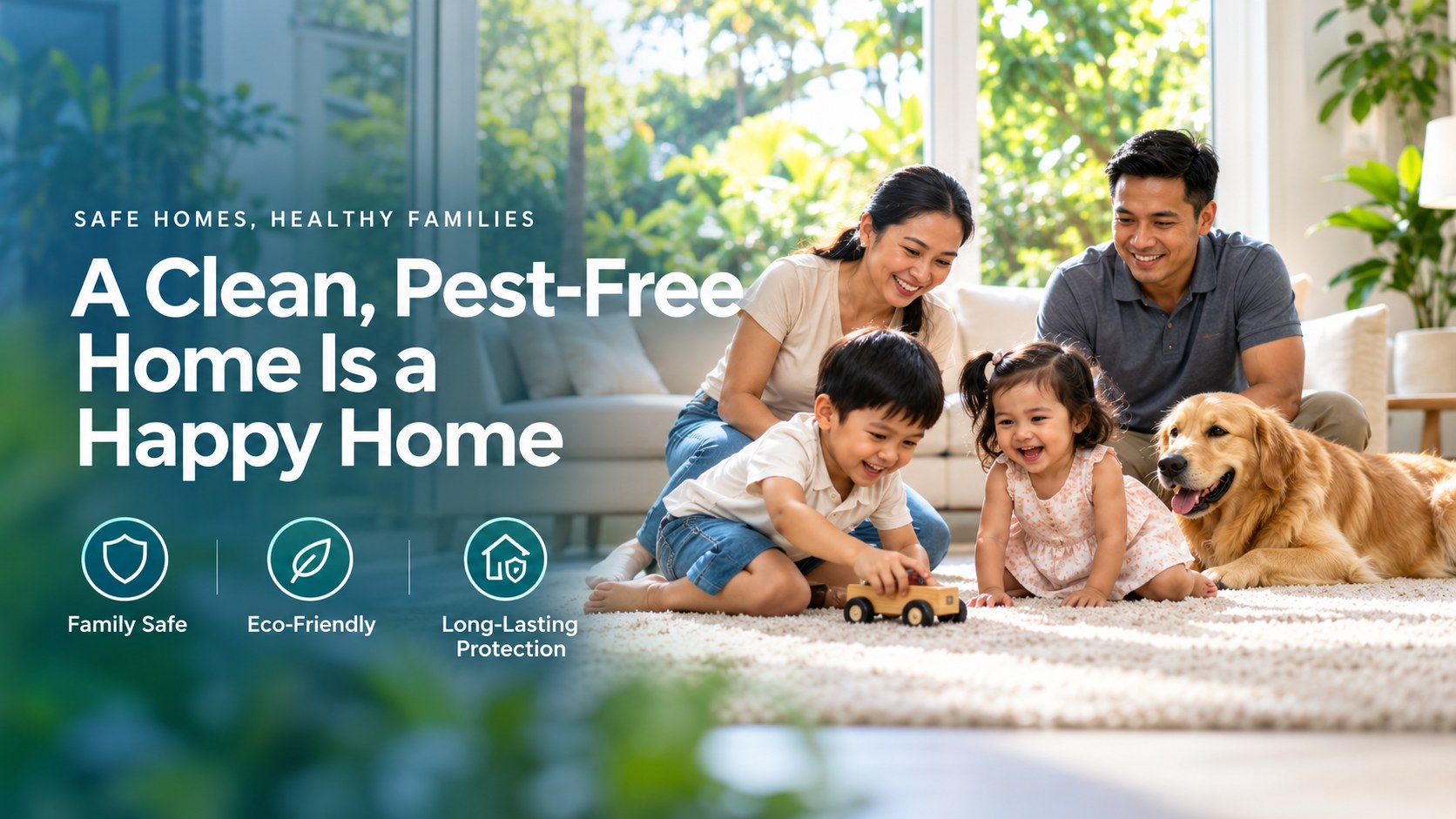 Banner: Safe homes, healthy families. A clean, pest-free home is a happy home. Family safe, eco-friendly, long-lasting protection.