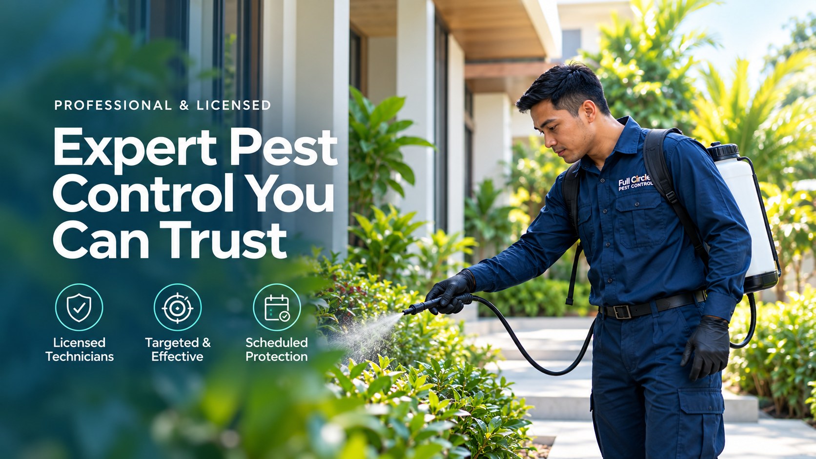 Banner: Professional and licensed. Expert pest control you can trust. Licensed technicians, targeted and effective, scheduled protection.