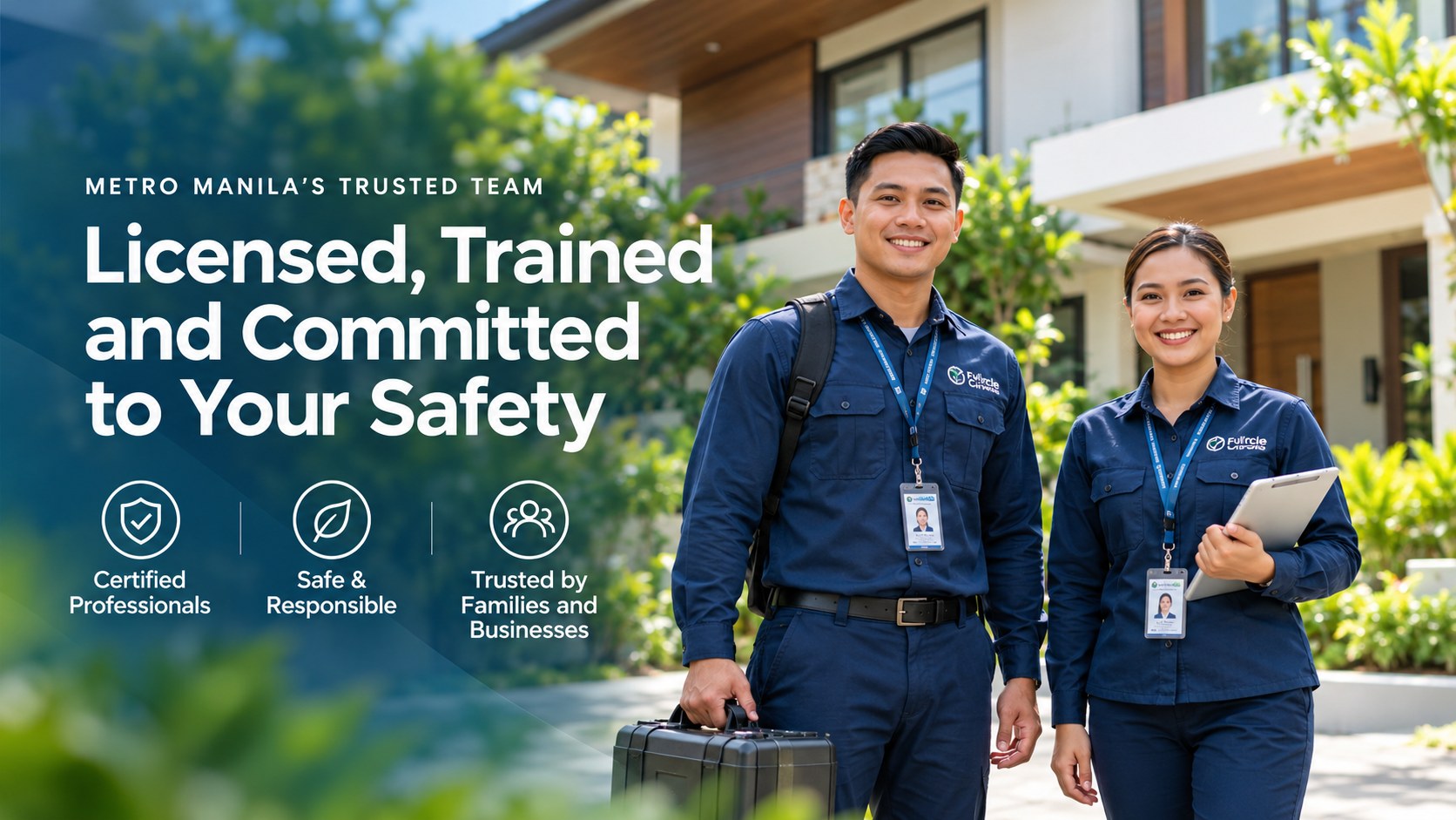 Banner: Metro Manila’s trusted team. Licensed, trained and committed to your safety. Certified professionals, safe and responsible, trusted by families and businesses.