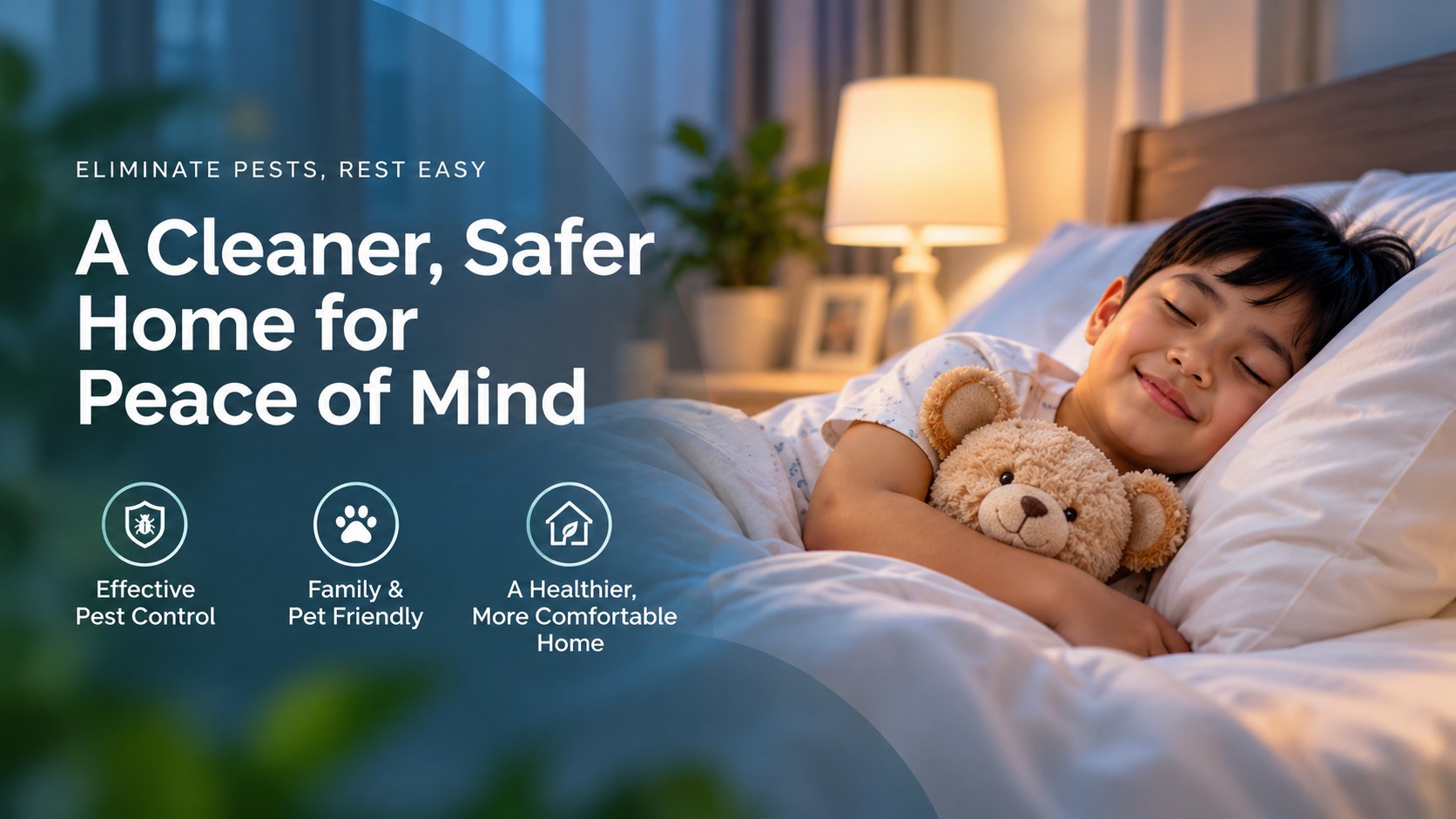Banner: Eliminate pests, rest easy. A cleaner, safer home for peace of mind. Effective pest control, family and pet friendly, a healthier, more comfortable home.